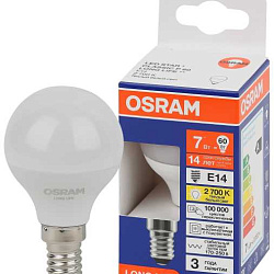 Лампа светодиодная LED 7Вт Е14 2700К 600Лм шар 220В (замена 60Вт) OSRAM 4099854186424